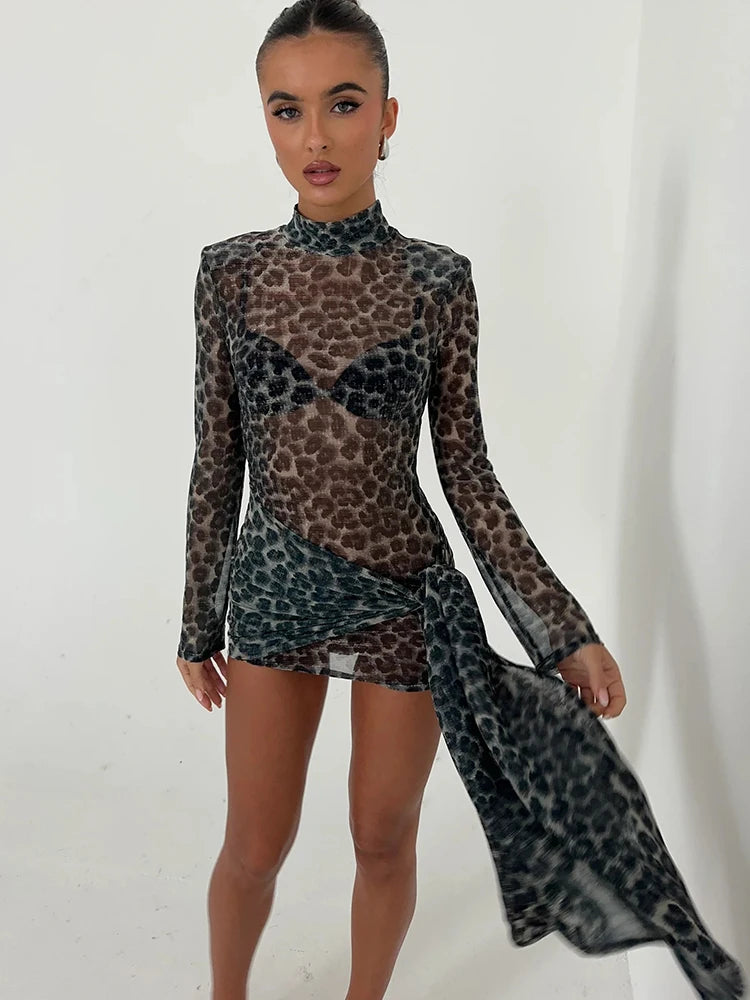 Sheer leopard print mini dress