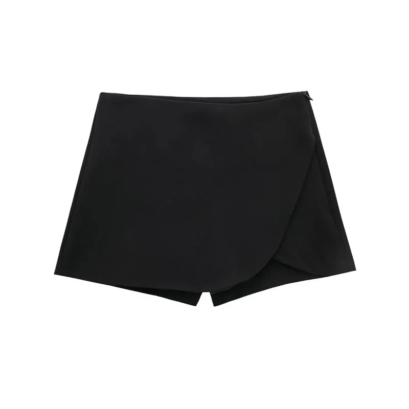 Black asymmetric high-waist skort