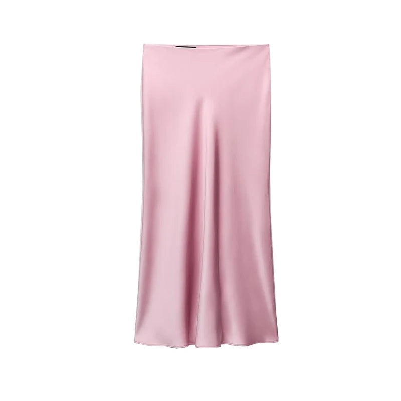 Pink satin high-waist skirt