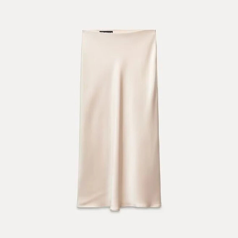 Pink satin high-waist skirt