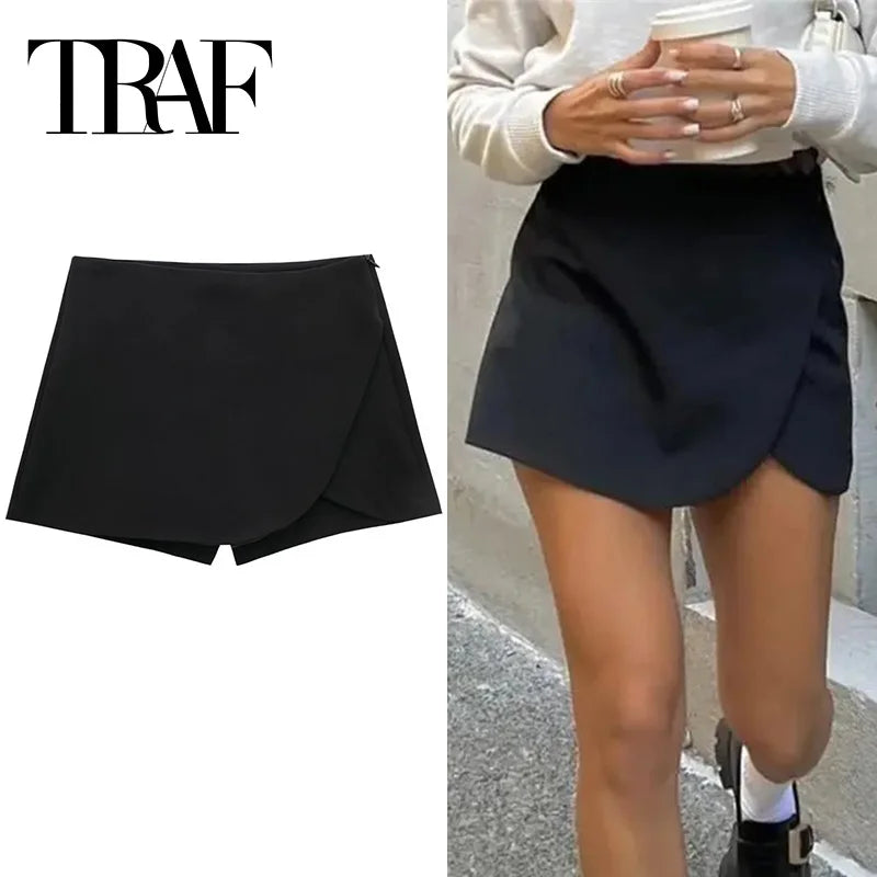 Black asymmetric high-waist skort