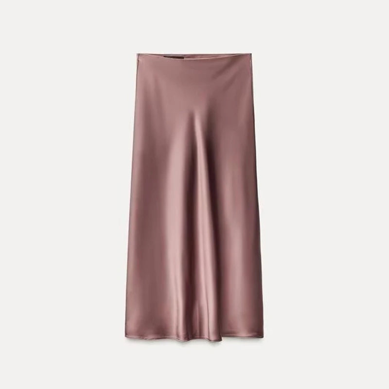 Pink satin high-waist skirt