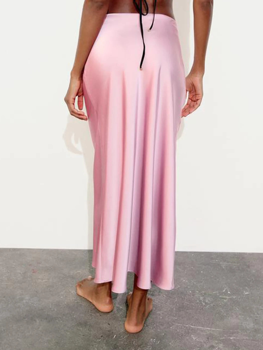 Pink satin high-waist skirt