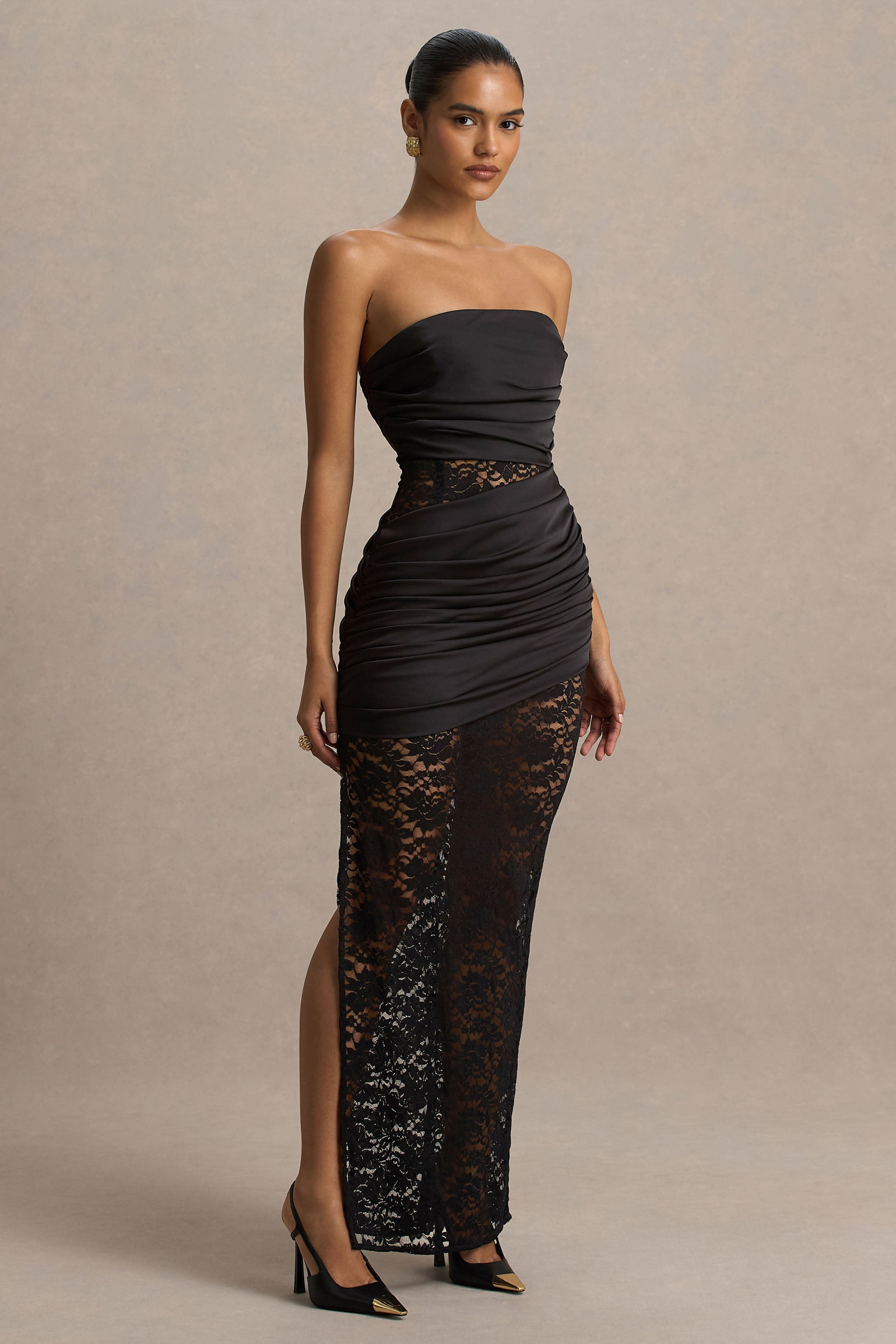 Dulcie | Black Lace Bandeau Maxi Dress With Wrap-Details